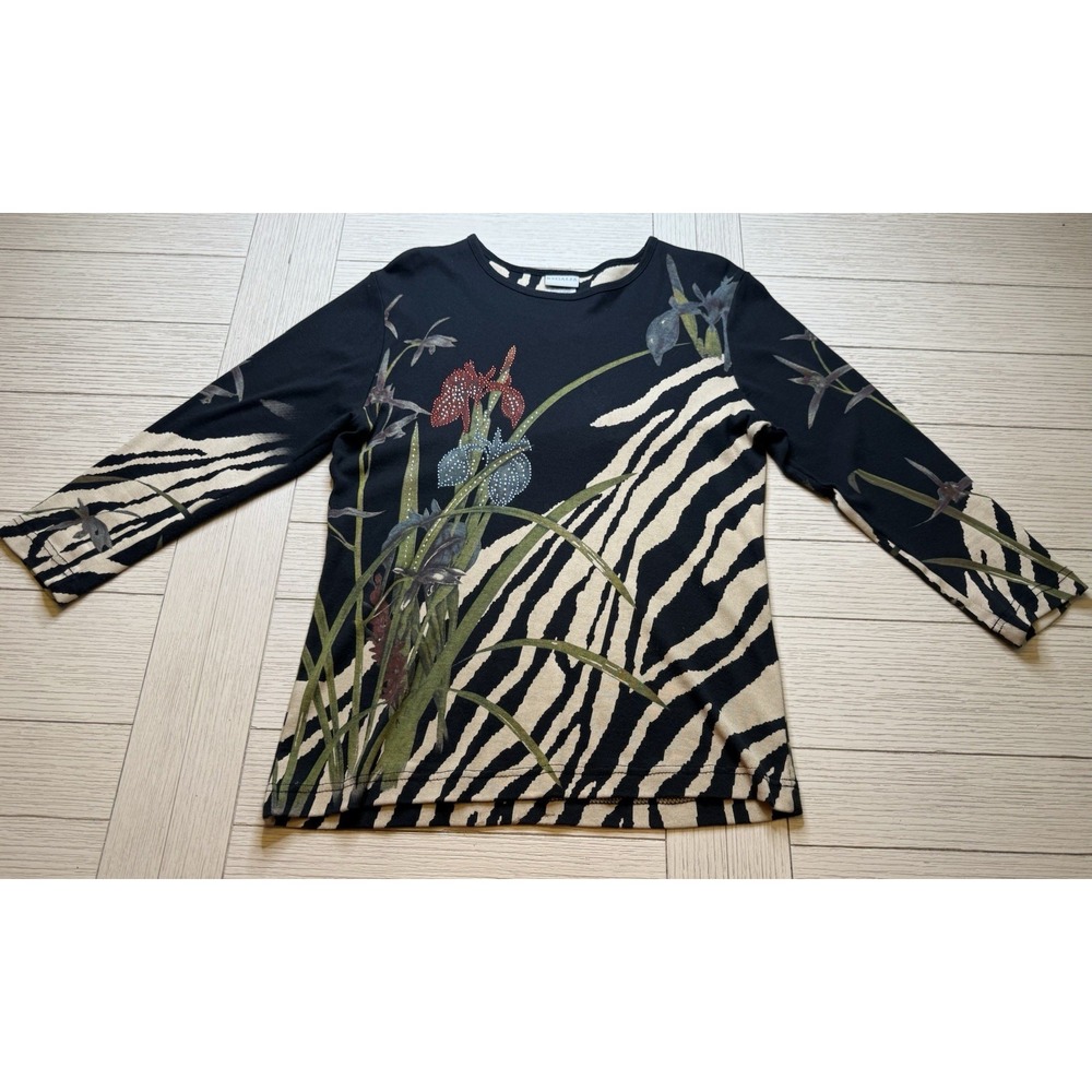 REGALIA WOMEN'S TOP SIZE S 3/4 SLEEVE BLACK ZEBRA FLORAL RHINESTON‎ COTTON
